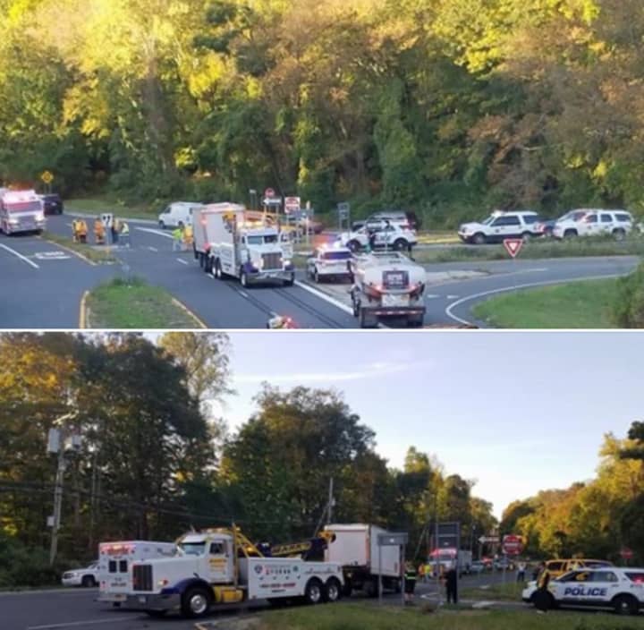 The scene of a truck rollover which temporarily closed Route 9 near Route 117 late Tuesday. Mark&#x27;s Towing cleared the truck (bottom photo).