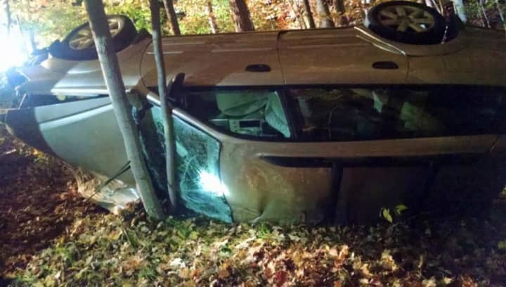 A look at the vehicle involved in the rollover crash into the woods on Route 35 in Somers on Thursday night.