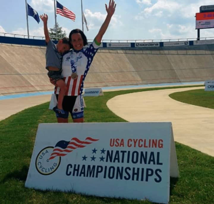 Camie Kornely and her son at the USA Cycling National Championships.