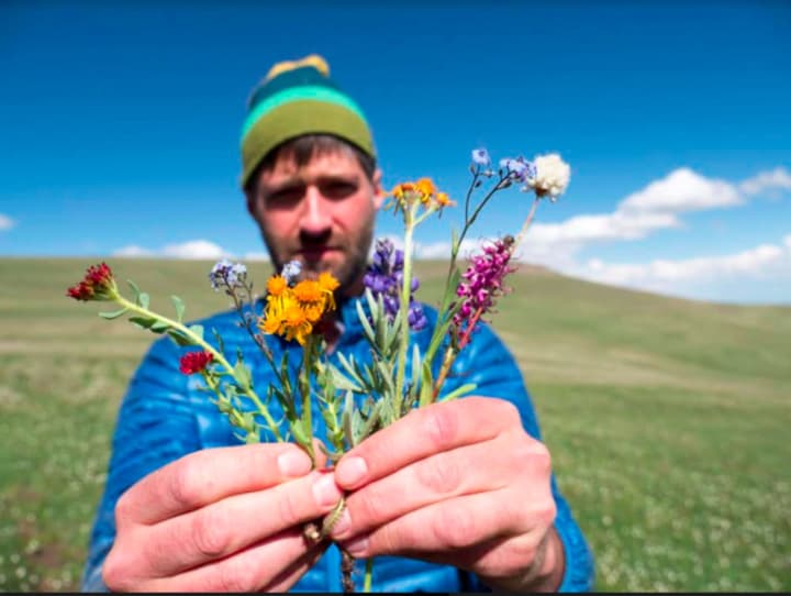 Easton writer and artist James Prosek outside of Cody, Wyo., holding up flowers, one of which is an elephant&#x27;s head.