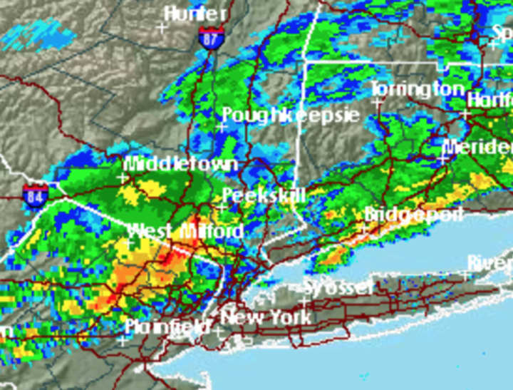 A 4:08 p.m. radar image Sunday of the line of storms moving east from New Jersey.