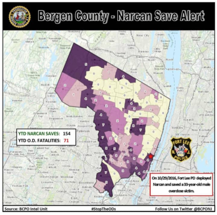 The Bergen County Prosecutor&#x27;s Office&#x27;s updates will include visuals like this map to alert the public toward Narcan saves and more.