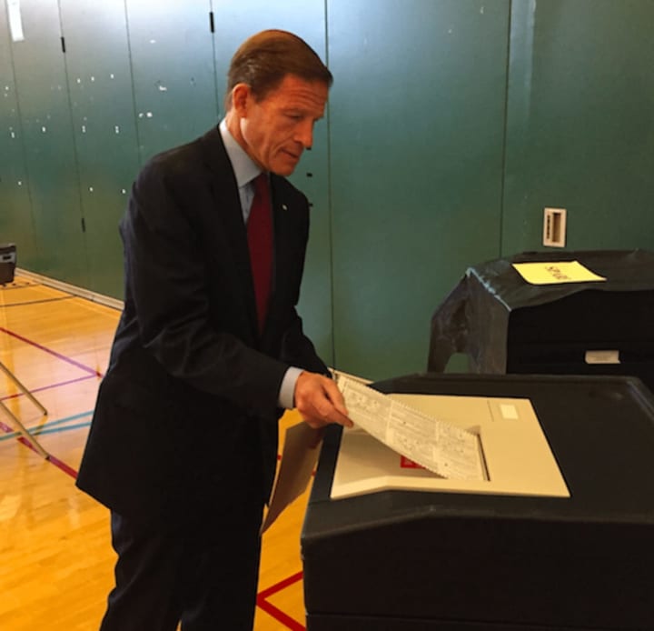 Sen. Richard Blumenthal casts his ballot at Glenville School in Greenwich last month. He was re-elected to his second term in the U.S. Senate.