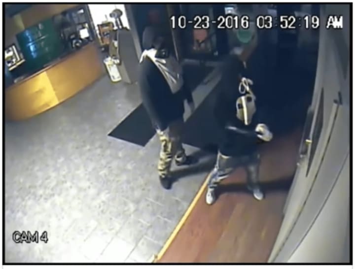 Two suspects in a burglary at a Stamford business on Oct. 23 in an image taken from a video released by the police department.