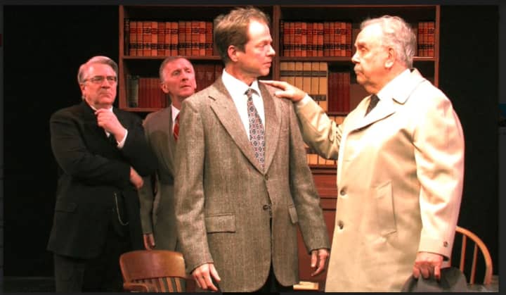 From left, Barry Hatrick, David Victor, Travis Branch and David Pirrie perform in the Westport Community Theatre’s production of Agatha Christie’s &quot;Witness for the Prosecution.&quot;