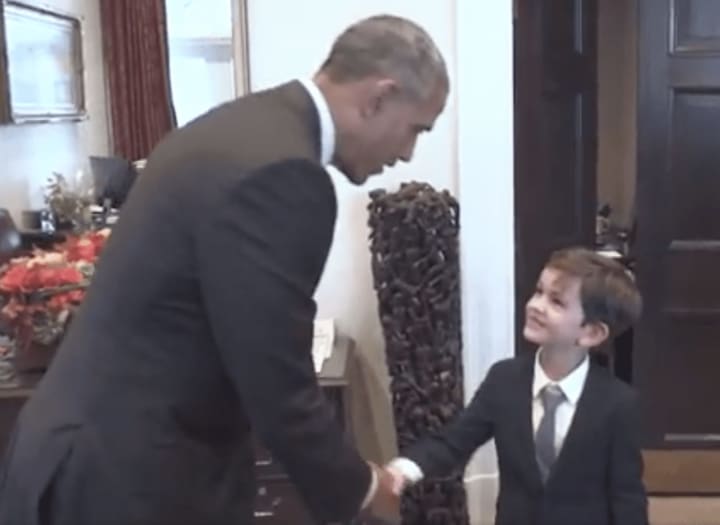 President Barack Obama meeting the Scarsdale 6-year-old who offered to take in refugees as brothers and sisters.