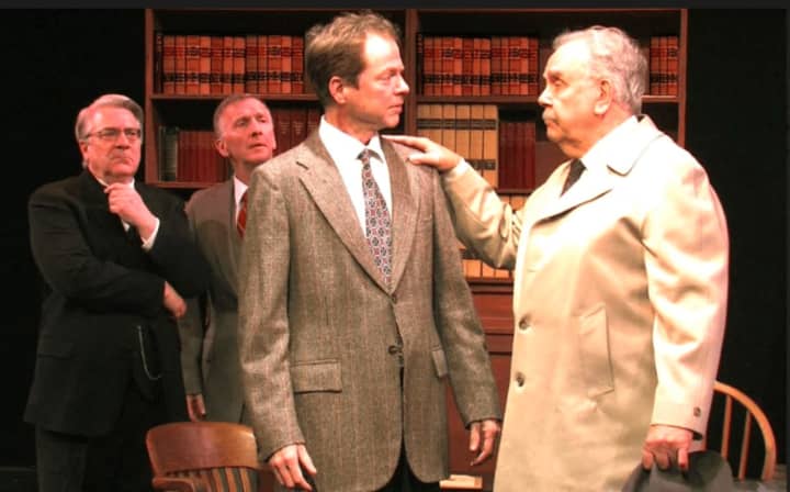 From left, Barry Hatrick, David Victor, Travis Branch and David Pirrie in the Westport Community Theatre’s production of Agatha Christie’s &quot;Witness for the Prosecution.&quot;