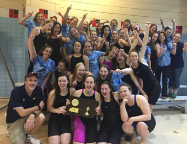 Tom Grace, first row, left, led the Weston High girls swim team to its fourth straight Class S state championship.