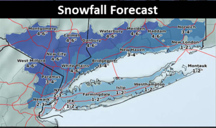 A look at snowfall accumulation projections for the storm arriving after midnight and ending by noon Saturday.