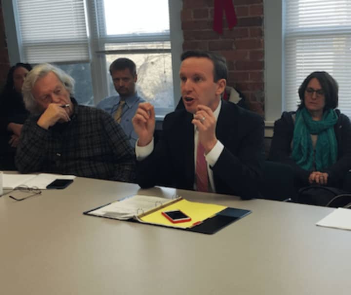 U.S. Sen. Chris Murphy speaking at a meeting with mental health advocates and addictions professionals Monday in Bridgeport.