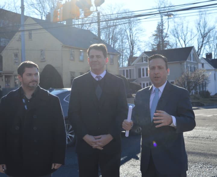 From left, Project Engineer Travis Woodward, State Rep. Chris Perone (D-Norwalk) and Senate Majority Leader Bob Duff (D-Norwalk, Darien) speak about a $2.8 million intersection improvement project in Norwalk.