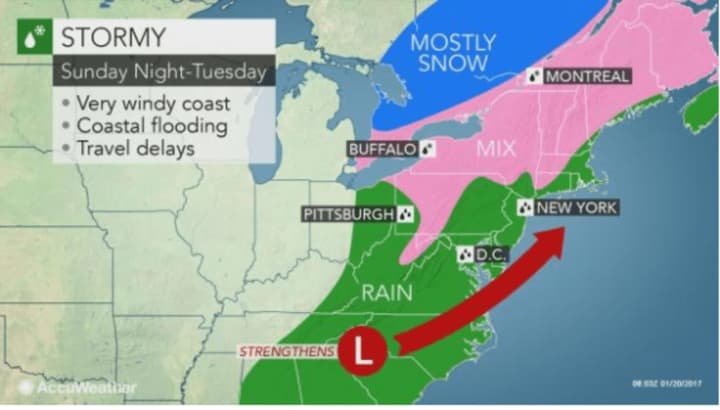 A look at areas where the Nor&#x27;easter could include a wintry mix or snow (shaded in pink).