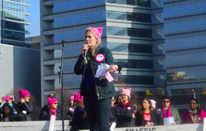 Lisa Boyne, organizer of the Women&#x27;s March for Connecticut, speaking at the event in front of about 3,000 people.