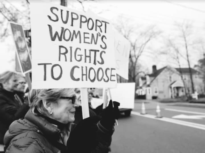 &quot;Support women&#x27;s rights to choose,&quot; read a protestor&#x27;s sign at the Wyckoff women&#x27;s rally on Saturday.