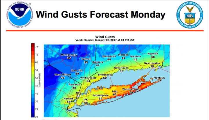 Winds gusts could reach up to 55 miles per hour in parts of the Hudson Valley on Monday.