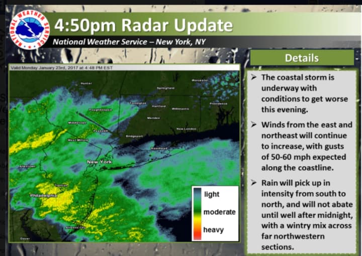 A radar image shows the Nor&#x27;easter moving through the area just before 5 p.m.