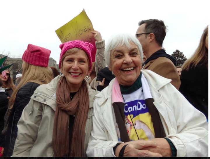From left, Founder&#x27;s Hall band member Carole Long with professor Darla Shaw of Ridgefield at the Women&#x27;s March on Washington.