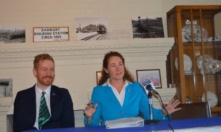 From left, Francis Pickering, executive director at WestCOG (Western Connecticut Council of Governments) and U.S. Rep. Elizabeth Esty (D-5th District), at the Danbury Railroad Museum for a meeting on regional transportation.