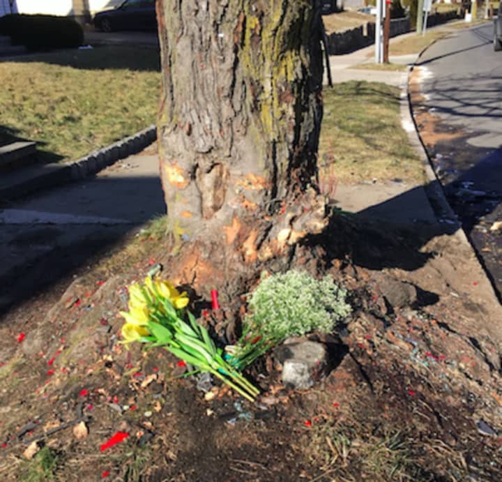 Flowers mark the site where a truck slammed into a tree on Hope Street early Saturday claiming the lives of two young men, Stamford Police said. A third man was treated and released from hospital.