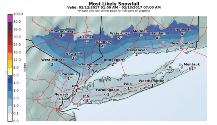 A look most likely snowfall accumulations for the latest winter storm that will impact the area.