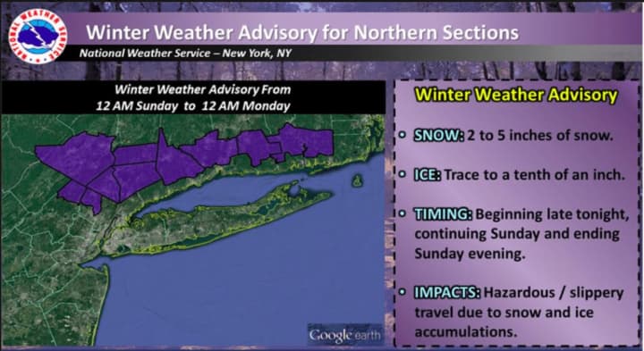 A Winter Weather Advisory is in effect for Westchester, Putnam and Rockland from midnight Sunday to midnight Monday.