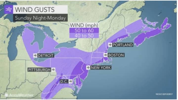 Winds will gust between 40 and 50 miles per hour on Monday in Dutchess, with scattered power outages possible.