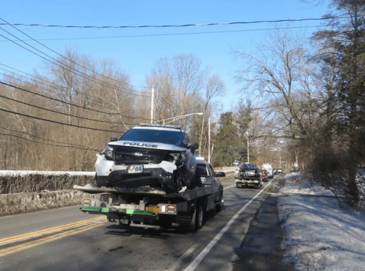 A Mount Pleasant police officer was involved in a crash with another vehicle on Bedford Road on Tuesday. Westbound traffic was detoured off of Route 117 as the patrol SUV and other car both were carted away on a flatbed trailer about 2:40 p.m.