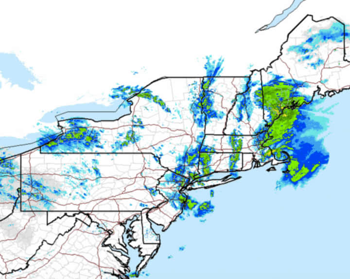 A radar image of the Northeast showing the front bringing rain and snow showers to the Hudson Valley.