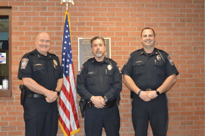 From left, new Brookfield Police Chief James Purcell, Major John Puglisi, and Captain Peter Frengs