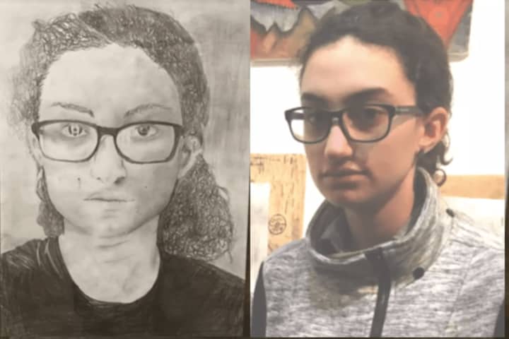 A self-portrait created by Danbury student Jennah Haddad, 14, at left, with the artist herself at right.