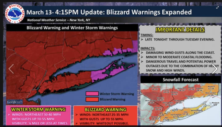 Blizzard Warnings were expanded to include most of downstate New York Monday afternoon.