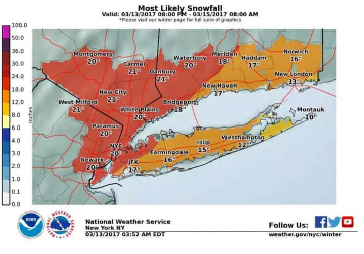 Fairfield could get 18 to 21 inches of snow from the nor&#x27;easter expected to arrive late Monday night.