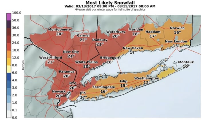 New snowfall projections from the National Weather Service say parts of the area could get 21 inches of accumulation.