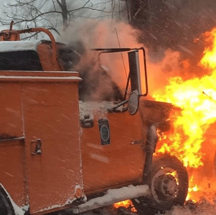 A Cortlandt DPW snow plow caught fire on Tuesday morning.