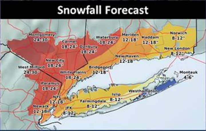 Latest snowfall projections released Tuesday morning by the National Weather Service. That&#x27;s 12 to 18 inches along Fairfield County&#x27;s shoreline, and 18 to 24 inches in interior Connecticut.