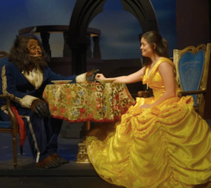 Kevin Thompson and Liz Harrington seen here in rehearsal for Beauty and the Beast at Curtain Call&#x27;s Kweskin Theatre