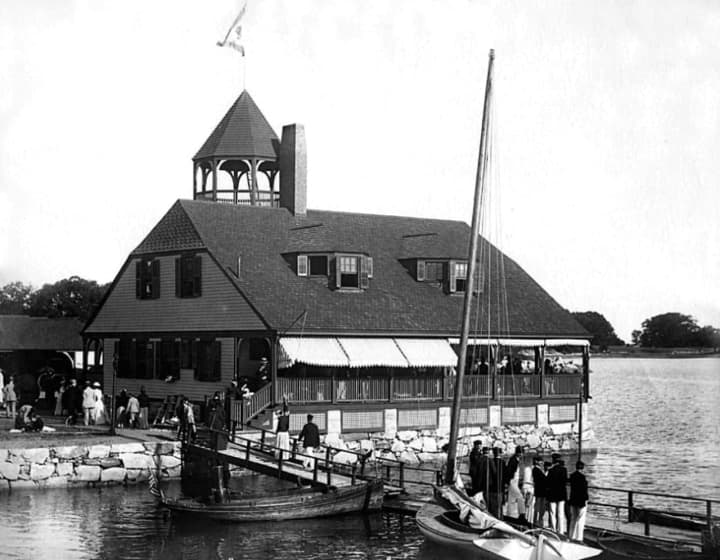 The Riverside Yacht Club, shown in the late 1890s, was the first yacht club in Greenwich. It sits in the one-time artist community of Riverside.
