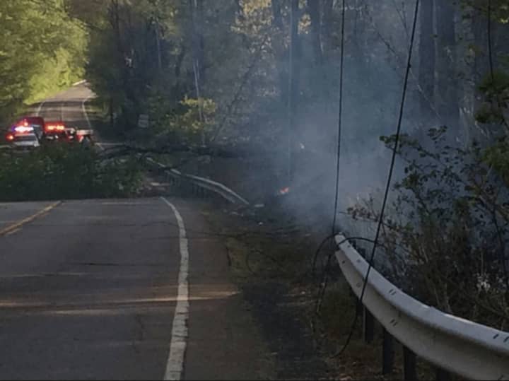 A stretch of Route 202 in Ramapo is closed early Tuesday evening after a downed tree brought down electrical lines, igniting a fire.