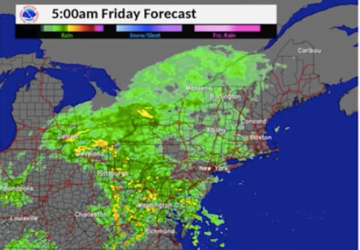 A projected look at a radar image for 5 a.m. Friday shows the rain that will overspread the area.