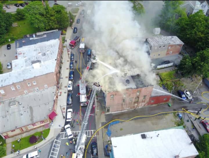 A drone photo of the blaze on East Main Street in Wappingers Falls.