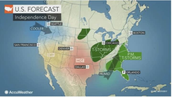 A look at the weather pattern expected for Tuesday, July 4.