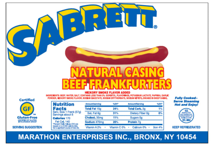 Customers who purchased Sabrett brand hot dogs should return them to stores for a full refund.