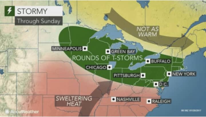 Extreme heat and humidity in the Hudson Valley will usher in rounds of torrential thunderstorms with heavy rain and gusty winds Thursday night through this weekend, according to AccuWeather.com.