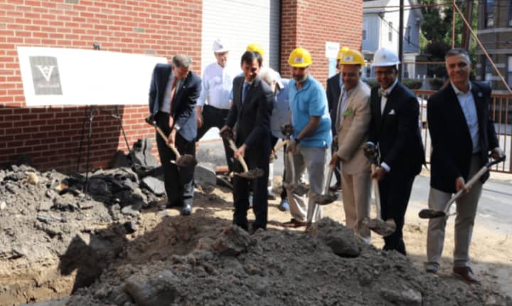 Officials breaking ground at the V Hotel in New Rochelle.