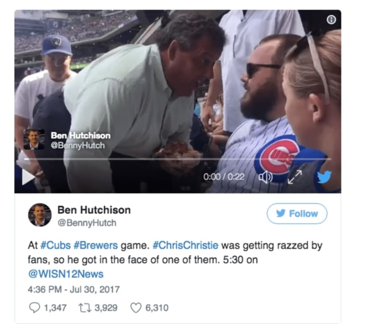 NJ Gov. Chris Christie got in a fan&#x27;s face at a Milwaukee Brewers game Sunday.