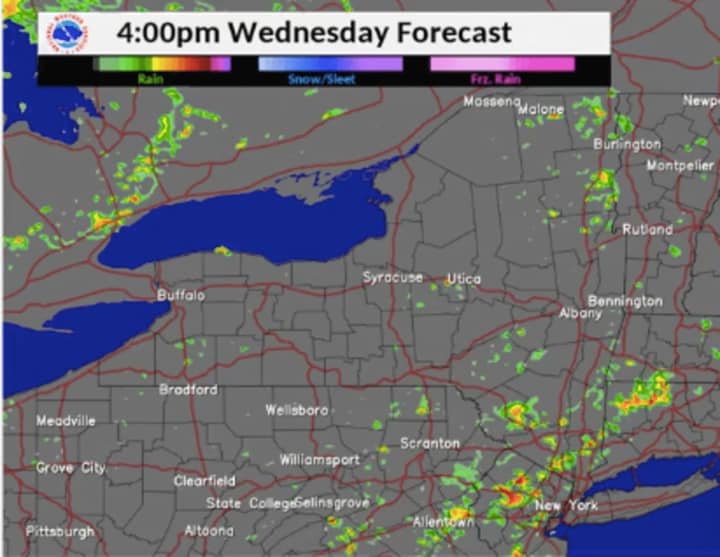 Projected radar image for 4 p.m. Wednesday showing storms moving west to east in the area.