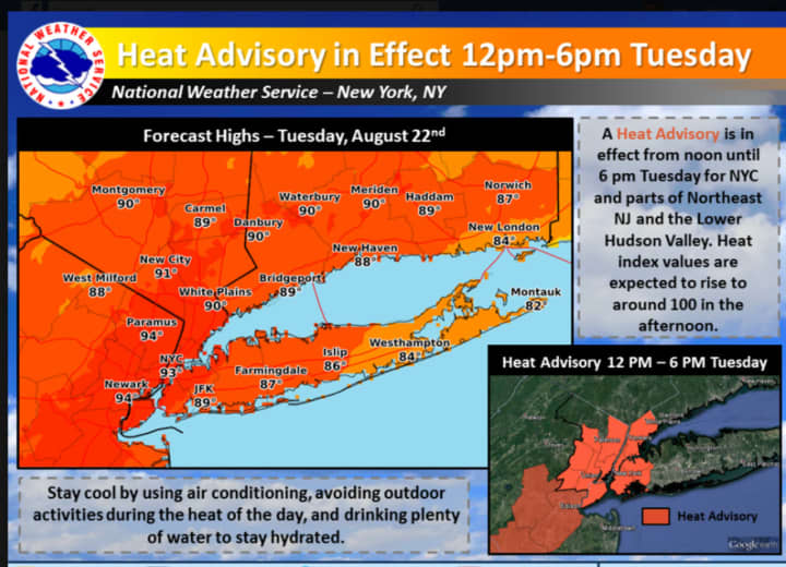 Tuesday will be hot and sticky for all of New Jersey with a heat advisory in effect for the area in the inset.