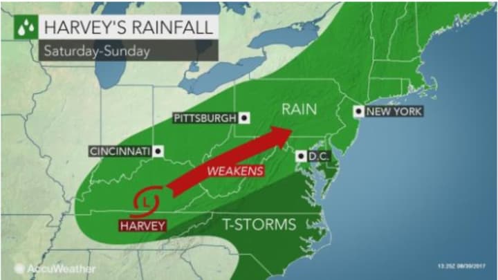 Connecticut could see rainfall from Hurricane turned Tropical Storm Harvey on Saturday and Sunday, according to AccuWeather.com.