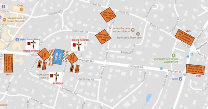 Officials have posted this map of the detour that will be used in Scarsdale over the weekend as Con Edison completes work on Popham Road.