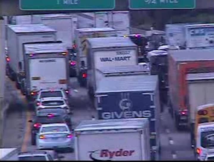 A look at delays on northbound I-95 near Playland Parkway in Rye at around 2:15 p.m. Wednesday.